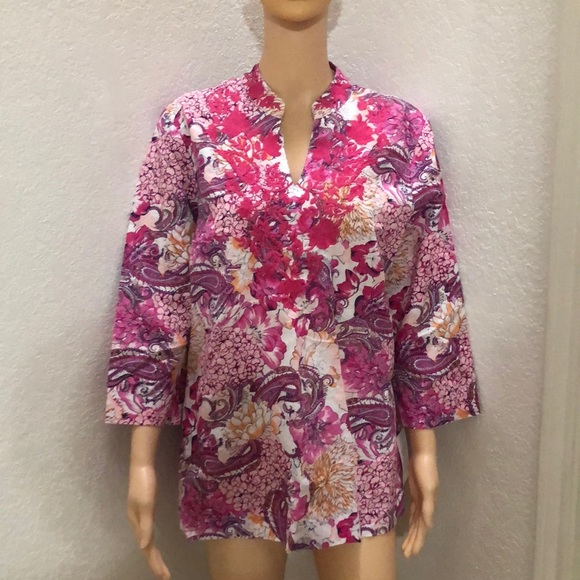 Charter Club Linen-Blend Embroidered -Neck Printed Tunic - Picture 2 of 11